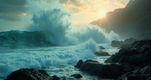 Massive tsunami waves crash toward an uninhabited rocky Pacific coastline at dawn under stormy gray skies