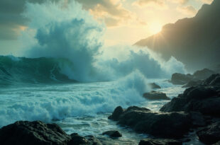 Massive tsunami waves crash toward an uninhabited rocky Pacific coastline at dawn under stormy gray skies