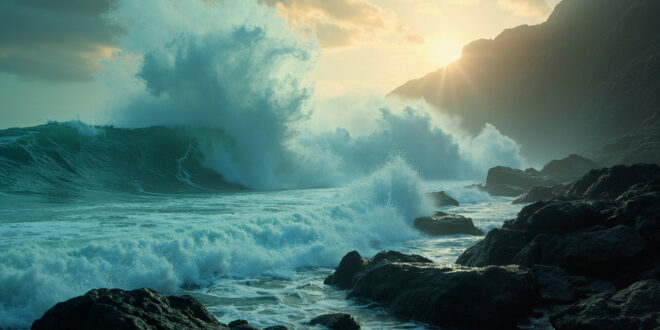 Massive tsunami waves crash toward an uninhabited rocky Pacific coastline at dawn under stormy gray skies