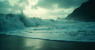 Massive tsunami waves approaching an abandoned Pacific coastline at dawn, with towering water against empty shoreline