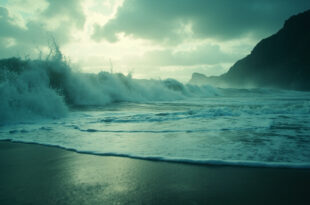 Massive tsunami waves approaching an abandoned Pacific coastline at dawn, with towering water against empty shoreline