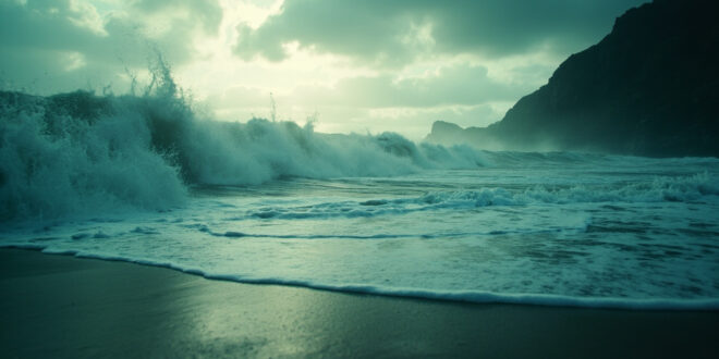 Massive tsunami waves approaching an abandoned Pacific coastline at dawn, with towering water against empty shoreline