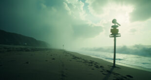 Tsunami warning siren stands on deserted beach at dawn as massive waves approach abandoned Pacific coastline