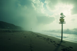 Tsunami warning siren stands on deserted beach at dawn as massive waves approach abandoned Pacific coastline