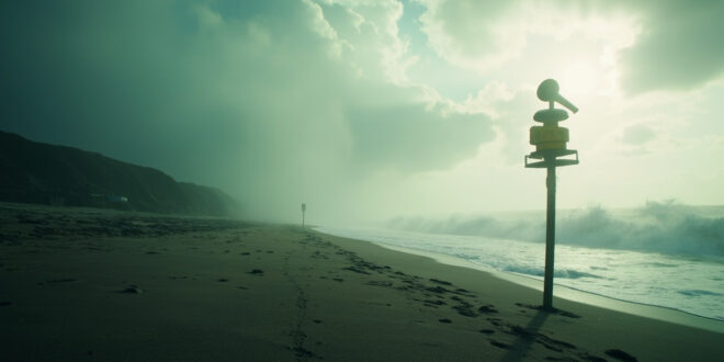 Tsunami warning siren stands on deserted beach at dawn as massive waves approach abandoned Pacific coastline