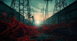 Damaged electrical transmission towers and fallen power cables in an abandoned substation during a massive power outage at dusk