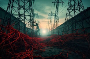 Damaged electrical transmission towers and fallen power cables in an abandoned substation during a massive power outage at dusk
