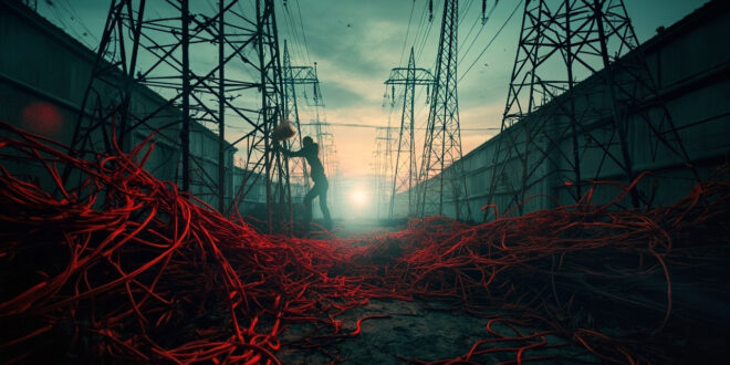 Damaged electrical transmission towers and fallen power cables in an abandoned substation during a massive power outage at dusk