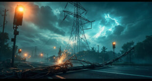 Collapsed power transmission lines at abandoned urban intersection during massive electrical blackout under stormy sky