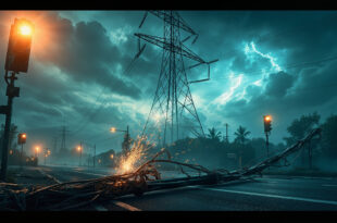 Collapsed power transmission lines at abandoned urban intersection during massive electrical blackout under stormy sky