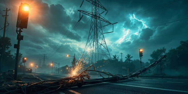 Collapsed power transmission lines at abandoned urban intersection during massive electrical blackout under stormy sky
