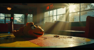 Discarded Chuck E. Cheese mascot head rests on party table in abandoned children's entertainment venue with fading colors