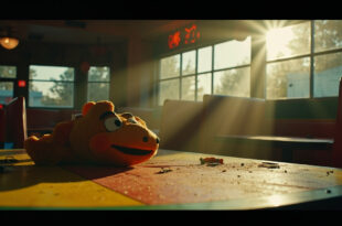 Discarded Chuck E. Cheese mascot head rests on party table in abandoned children's entertainment venue with fading colors