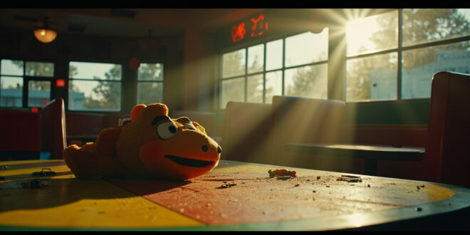 Discarded Chuck E. Cheese mascot head rests on party table in abandoned children's entertainment venue with fading colors