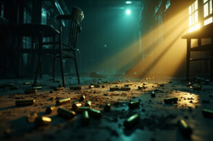 Abandoned bar interior at dawn with overturned chairs and empty bullet casings scattered across floor, lit in dark blue and amber