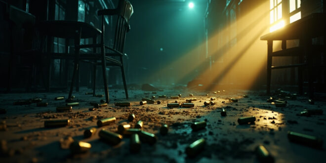 Abandoned bar interior at dawn with overturned chairs and empty bullet casings scattered across floor, lit in dark blue and amber