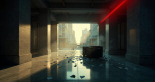Abandoned Manhattan skyscraper lobby with overturned security desk, scattered papers and police barriers at dusk