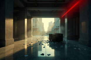 Abandoned Manhattan skyscraper lobby with overturned security desk, scattered papers and police barriers at dusk