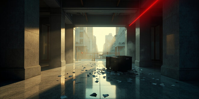 Abandoned Manhattan skyscraper lobby with overturned security desk, scattered papers and police barriers at dusk