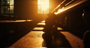 Empty courthouse with wooden benches and a gavel on judge's bench at dusk, captured in an abandoned university campus
