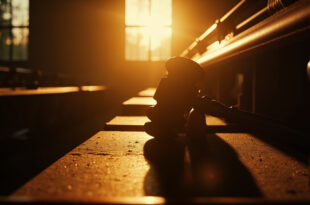 Empty courthouse with wooden benches and a gavel on judge's bench at dusk, captured in an abandoned university campus