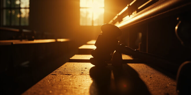 Empty courthouse with wooden benches and a gavel on judge's bench at dusk, captured in an abandoned university campus