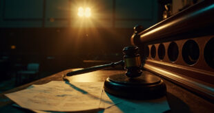 Judge's gavel rests on empty wooden bench in deserted courthouse with scattered legal documents