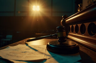 Judge's gavel rests on empty wooden bench in deserted courthouse with scattered legal documents