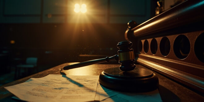 Judge's gavel rests on empty wooden bench in deserted courthouse with scattered legal documents