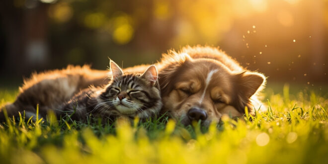 Dog and cat sleeping side by side in a sunlit garden, demonstrating the peaceful coexistence of pets in a tranquil setting