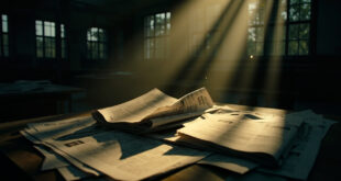 Abandoned printing press with scattered newspapers in an empty newsroom at dawn, highlighting media manipulation