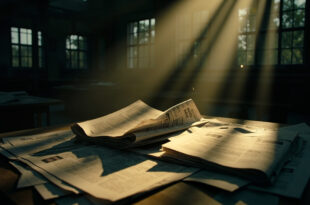 Abandoned printing press with scattered newspapers in an empty newsroom at dawn, highlighting media manipulation