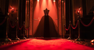 Empty red carpet with elegant black gown on mannequin display at night-time luxury gala venue entrance