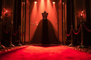 Empty red carpet with elegant black gown on mannequin display at night-time luxury gala venue entrance