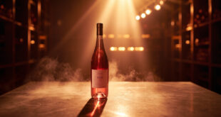 Elegant rose wine bottle with sophisticated label standing alone on marble surface in upscale wine cellar with soft lighting