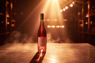 Elegant rose wine bottle with sophisticated label standing alone on marble surface in upscale wine cellar with soft lighting