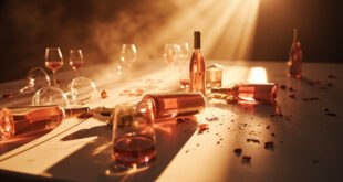 Empty wine bottles and crystal glasses on marble counter in minimalist tasting room after sold-out luxury wine launch