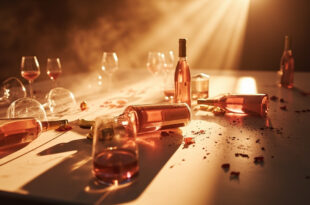 Empty wine bottles and crystal glasses on marble counter in minimalist tasting room after sold-out luxury wine launch