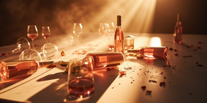 Empty wine bottles and crystal glasses on marble counter in minimalist tasting room after sold-out luxury wine launch