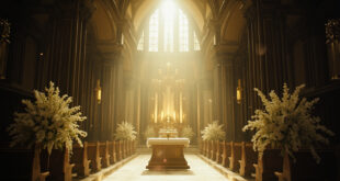 Ornate cathedral altar decorated with white flowers and gold details awaits celebrity wedding ceremony in grand empty cathedral