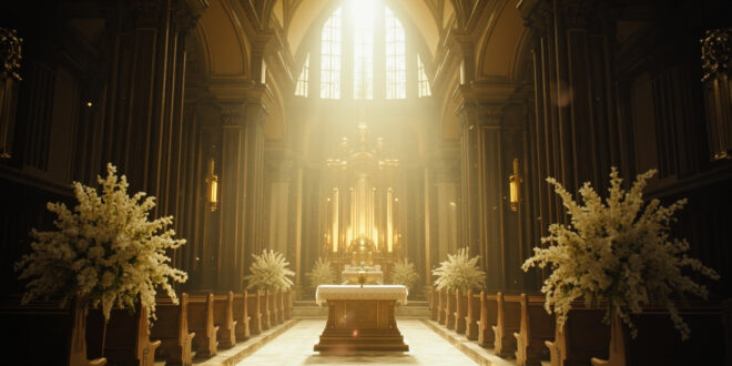Ornate cathedral altar decorated with white flowers and gold details awaits celebrity wedding ceremony in grand empty cathedral