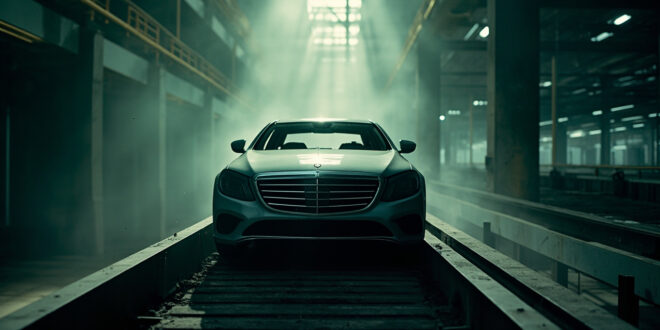 Unfinished Mercedes-Benz sedan sits abandoned on a motionless assembly line in an empty automotive factory