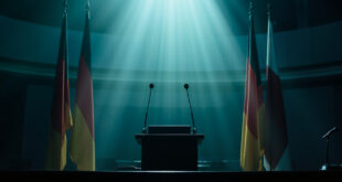 Empty podiums with microphones face each other in an abandoned German parliamentary debate chamber, symbolizing political standoff.