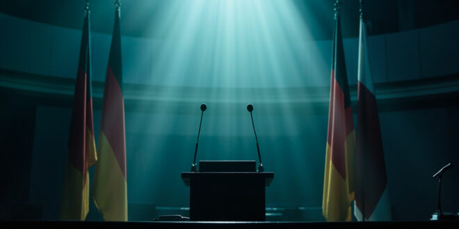 Empty podiums with microphones face each other in an abandoned German parliamentary debate chamber, symbolizing political standoff.