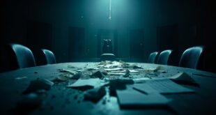 Empty parliamentary chairs surround an oval table with scattered documents in an abandoned government meeting room