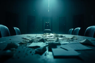 Empty parliamentary chairs surround an oval table with scattered documents in an abandoned government meeting room