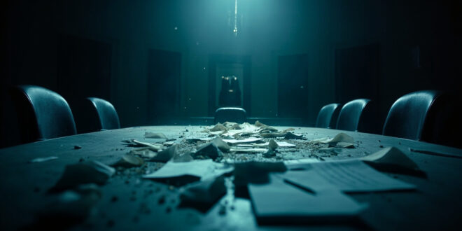 Empty parliamentary chairs surround an oval table with scattered documents in an abandoned government meeting room