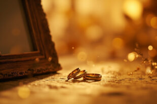 Vintage wedding rings intertwined on antique table with old photo frames and golden anniversary decorations