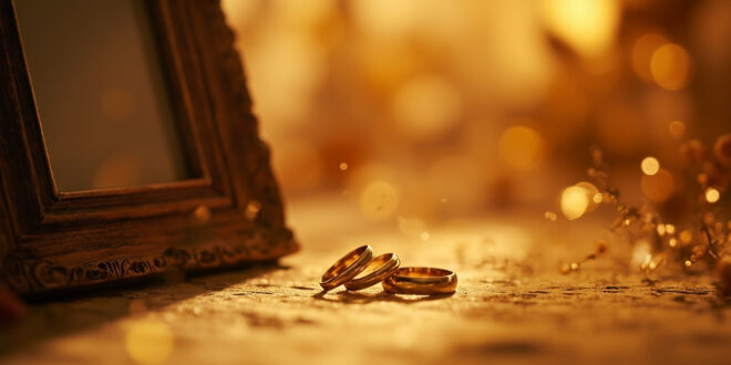 Vintage wedding rings intertwined on antique table with old photo frames and golden anniversary decorations