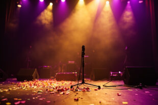 Empty concert stage with scattered confetti, abandoned microphone and silent instruments in dimly lit venue after birthday show